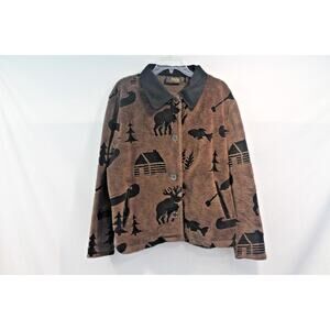 David Paul Vintage Moose Log Cabin Faux Fur Jacket size L Brown Pocket Button Up